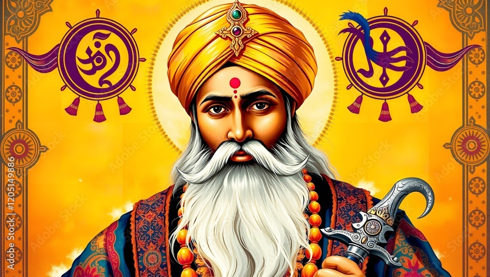 Fototapeta premium A majestic depiction of Guru Gobind Singh Ji surrounded by divine aura