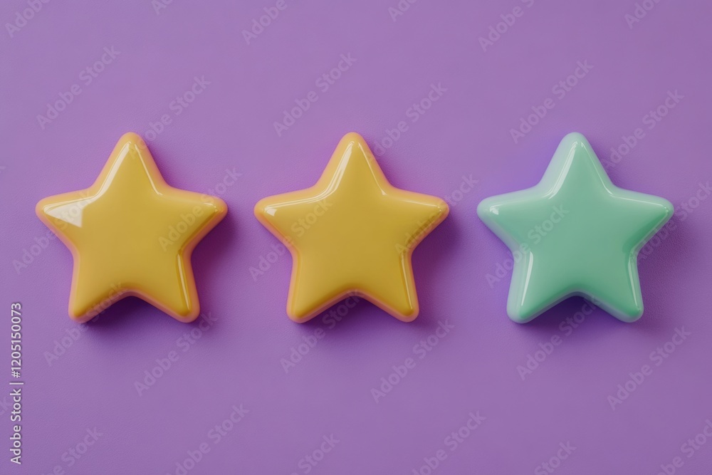 Three colorful star-shaped objects on a vibrant purple background, perfect for playful and whimsical themes. Three colorful star-shaped objects on a vibrant purple background, perfect for playful and whimsical themes.