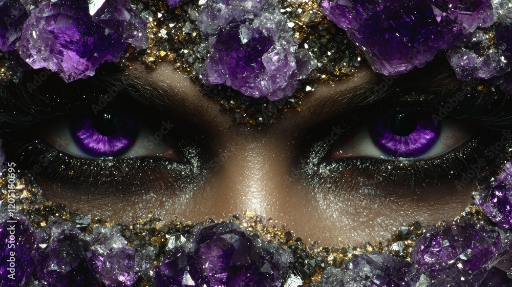 Unique artistic makeup featuring gemstones and bold colors enhancing striking eyes Unique artistic makeup featuring gemstones and bold colors enhancing striking eyes