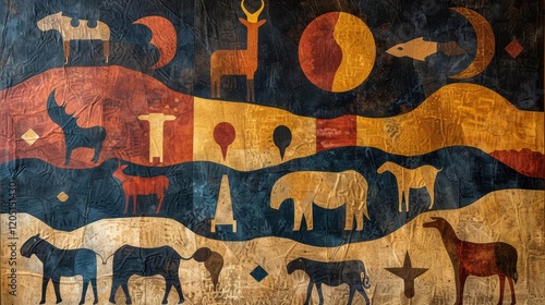Painting of animals and a moon with the word T on it