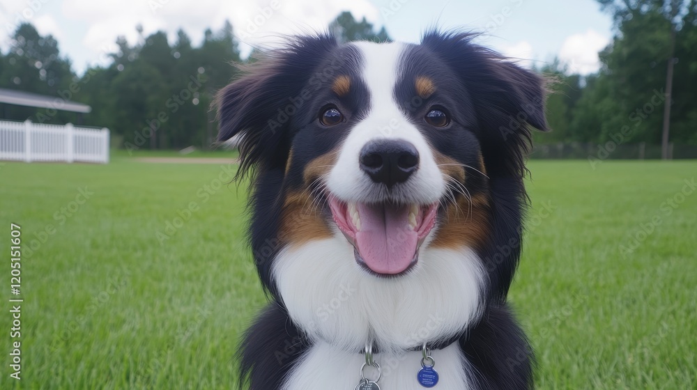 Happy Australian Shepherd Dog in Green Field Portrait Happy Australian Shepherd Dog in Green Field Portrait