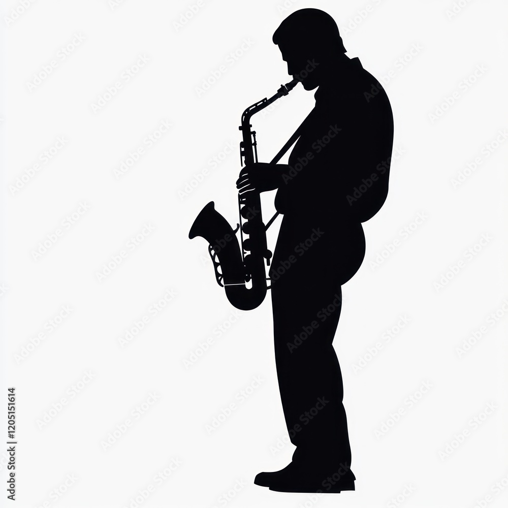 Fototapeta premium Saxophonist silhouette playing jazz music on white background for music website.