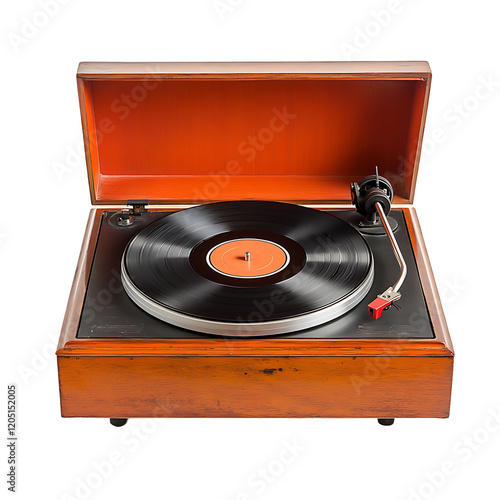 Vintage wooden turntable with vinyl record.