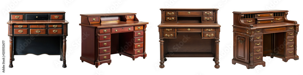Exquisitely designed antique wooden desk with multiple drawers and shelves perfect for creating a classic and refined workspace in a home office or study Exquisitely designed antique wooden desk with multiple drawers and shelves perfect for creating a classic and refined workspace in a home office or study
