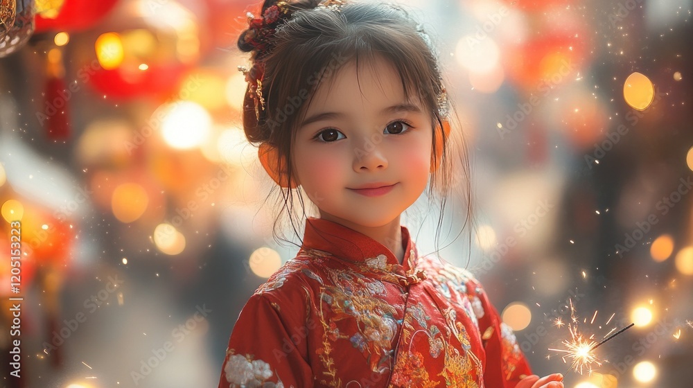 Young Girl in Traditional Chinese Dress with Sparkler in Festive Setting Young Girl in Traditional Chinese Dress with Sparkler in Festive Setting