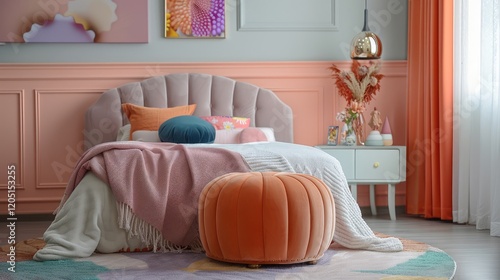 a girl's room with a beautiful bed, a stylish nightstand, and a vibrant pouf stool, in a gorgeous pastel color scheme