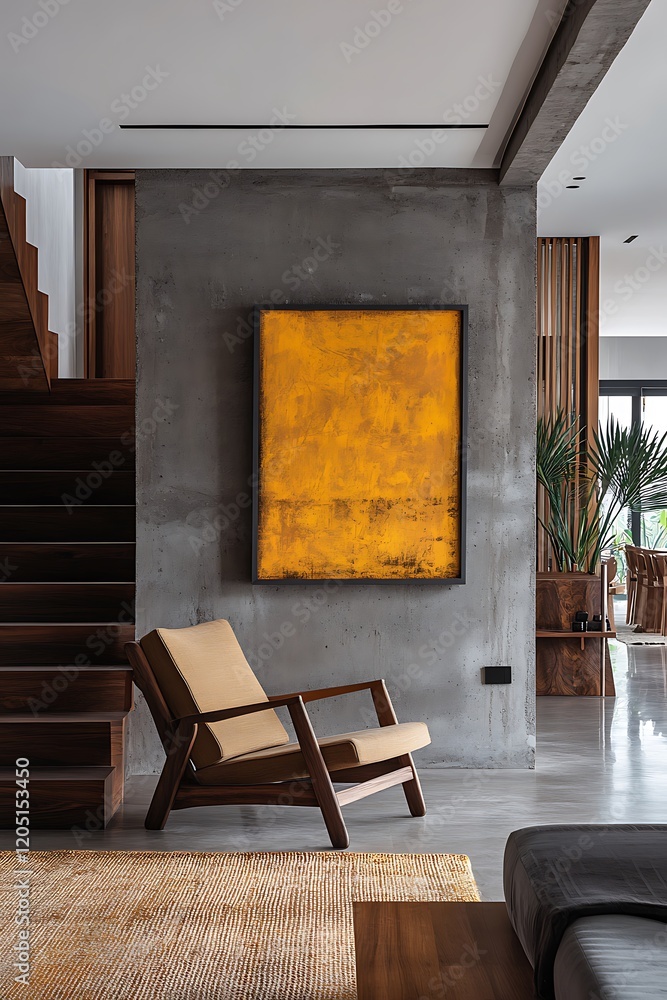 Fototapeta premium Minimalist home interior design of modern living room. Transitional hallway with yellow artwork on concrete gray wall. Wooden staircase leads up to area, with lounge chair with wooden arms and legs