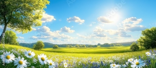 Sunny meadow, daisies, trees, spring