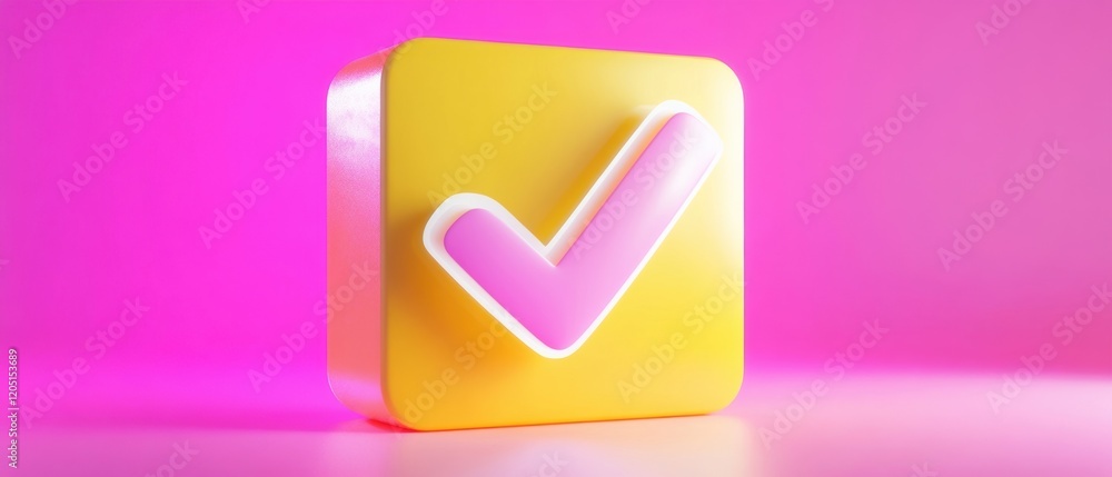 A vibrant yellow check mark icon against a pink background, symbolizing approval and positivity in a modern design. A vibrant yellow check mark icon against a pink background, symbolizing approval and positivity in a modern design.