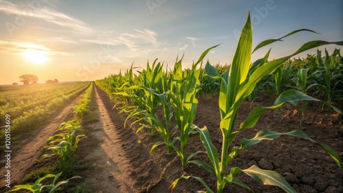 Golden Hour in the Cornfield: Rows of vibrant green corn stalks sway gently in the golden light of a breathtaking sunset, creating a picturesque scene of rural tranquility. photo