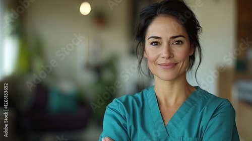 Latin nurse with crossed arms, conveying professionalism and a friendly demeanor, ideal for medical and healthcare-related content photo