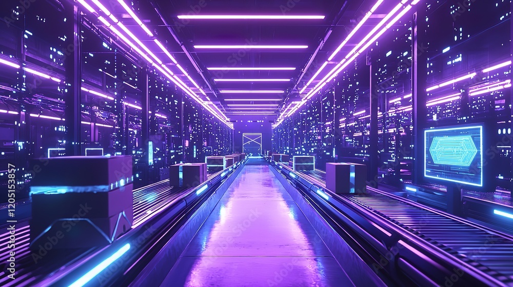Futuristic Warehouse Interior with Conveyor Belts and Automated Transport Systems Futuristic Warehouse Interior with Conveyor Belts and Automated Transport Systems