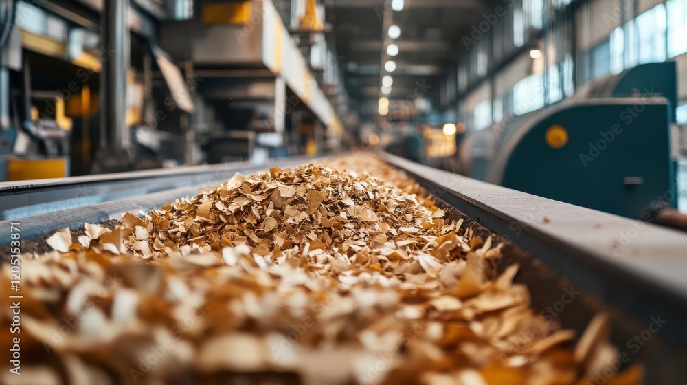 A conveyor belt filled with wood shavings inside a spacious industrial facility, showcasing a vibrant manufacturing environment. A conveyor belt filled with wood shavings inside a spacious industrial facility, showcasing a vibrant manufacturing environment.