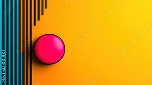 A vibrant pink sphere against a bright yellow background with stylish blue lines, creating a modern, artistic composition.