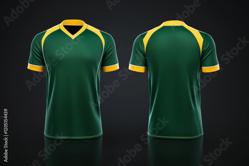 green and yellow jersey template for team clubs, jersey sport, front and back, Tshirt mockup sports jersey template design for football soccer, racing, gaming, sports jersey photo