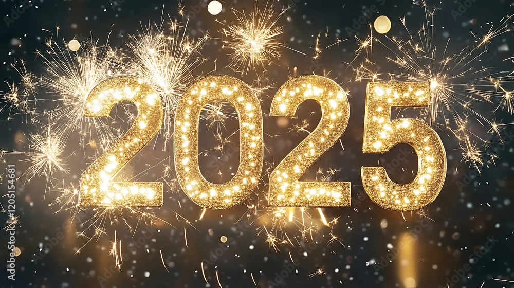 Happy New Year 2025 - Golden Sparkler Numbers And Fireworks In Glowing Sparkling Background - Holiday Billboard With Creative Text Happy New Year 2025 - Golden Sparkler Numbers And Fireworks In Glowing Sparkling Background - Holiday Billboard With Creative Text