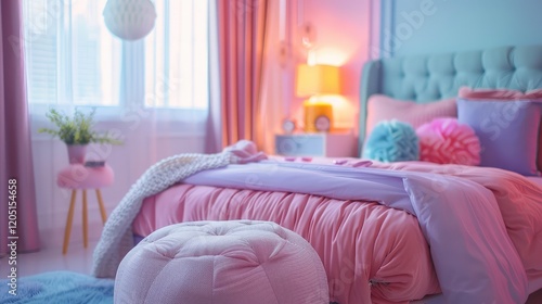 a girl's room with a beautiful bed, a stylish nightstand, and a vibrant pouf stool, in a gorgeous pastel color scheme