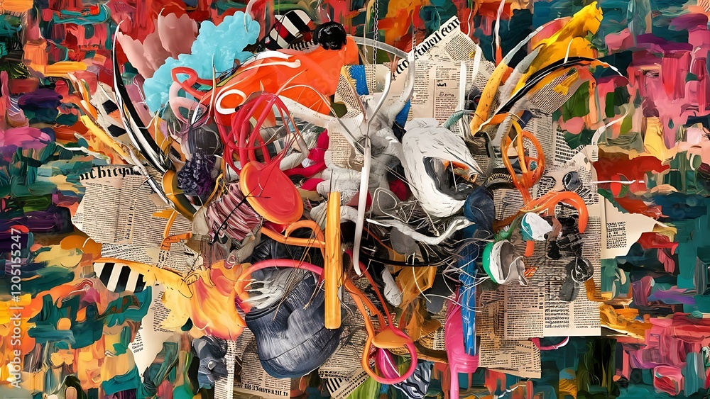 Fototapeta premium Messy and spontaneous digital collage. The work combines acrylic painting, hand-drawings and pieces of scanned newspapers and other found surfaces.