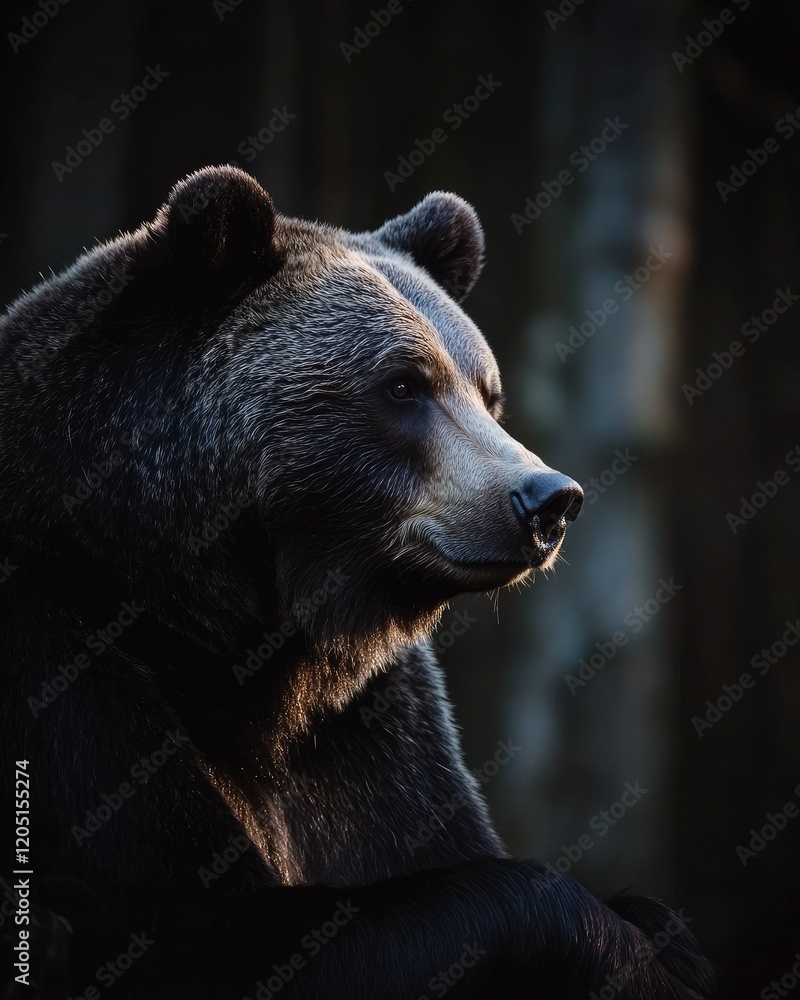 A close-up of a bear in a dark, forested environment, showcasing its features and demeanor.