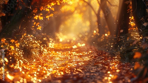 a golden-lit path blanketed with leaves, meandering through a picturesque forest landscape in a beautiful forest background