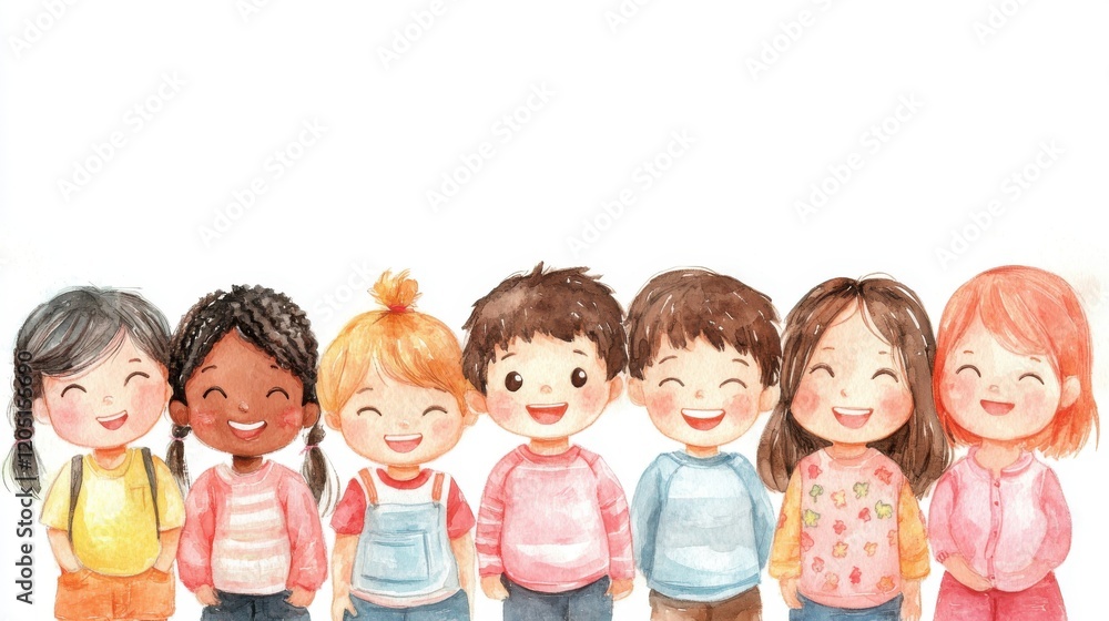 A cheerful group of children smiling together, showcasing joy and friendship in a colorful, whimsical style. A cheerful group of children smiling together, showcasing joy and friendship in a colorful, whimsical style.