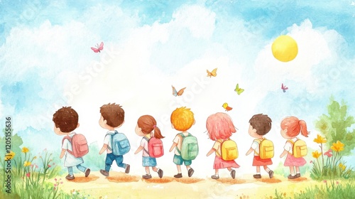 A cheerful group of children walking together on a sunny day, surrounded by nature and colorful butterflies.