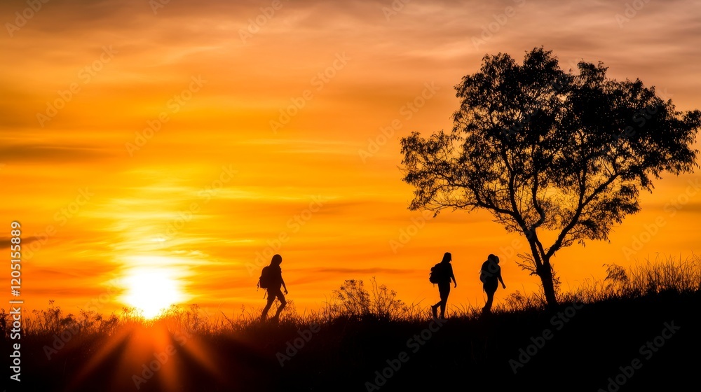 Hikers Silhouetted Against Vibrant Sunset Landscape Hikers Silhouetted Against Vibrant Sunset Landscape