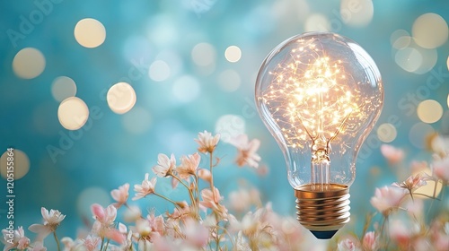 Light bulb surrounded by emerging creative ideas, set against a soft blue background, symbolizing inspiration, growth, and innovative thinking photo