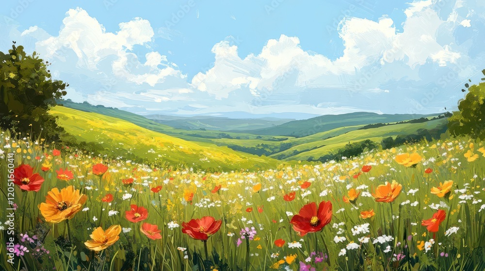 A vibrant landscape featuring colorful wildflowers in a lush green meadow under a bright blue sky with fluffy clouds. A vibrant landscape featuring colorful wildflowers in a lush green meadow under a bright blue sky with fluffy clouds.