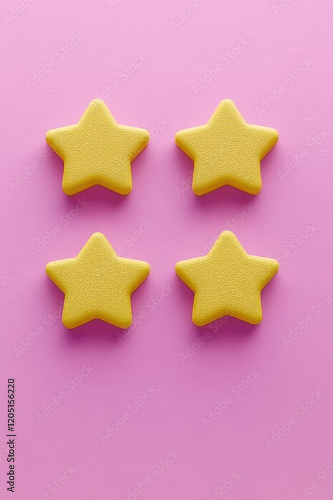 Four yellow star shapes on a pink background, perfect for children's themes, crafts, or playful design projects. Four yellow star shapes on a pink background, perfect for children's themes, crafts, or playful design projects.