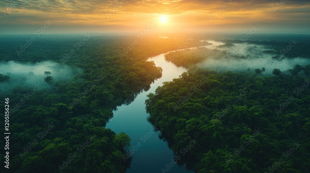 Aerial View of Lush Amazon Rainforest at Sunrise with Mist Aerial View of Lush Amazon Rainforest at Sunrise with Mist