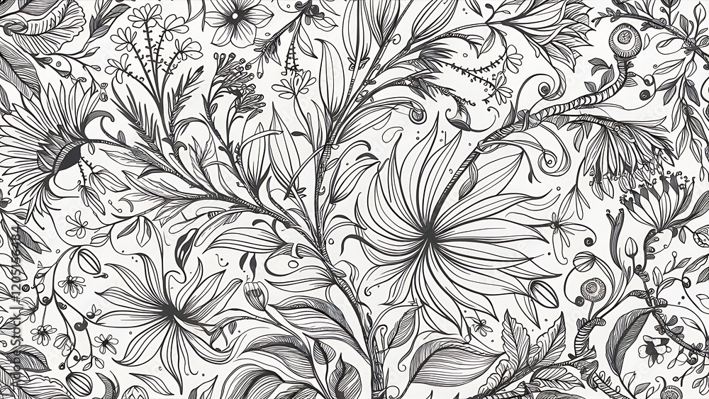 Vector Seamless Monochrome Floral Pattern. Hand Drawn Floral Texture, Decorative Flowers, Coloring Book Vector Seamless Monochrome Floral Pattern. Hand Drawn Floral Texture, Decorative Flowers, Coloring Book