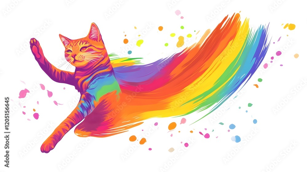 Obraz premium Vibrant Rainbow Cat Artistic Design Colorful Illustration Playful Pet Digital Painting Happy Kitty Bright Rainbow Tail Swirling Colors Energetic Animal Graphic 