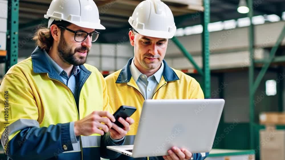 Two workers in safety gear using a laptop and smartphone in an industrial setting. Two workers in safety gear using a laptop and smartphone in an industrial setting.