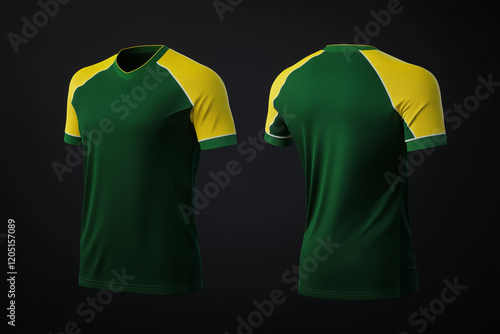 green and yellow jersey template for team clubs, jersey sport, front and back, Tshirt mockup sports jersey template design for football soccer, racing, gaming, sports jersey photo