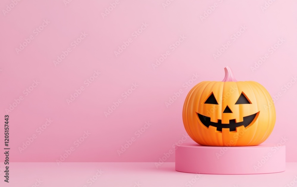 Fototapeta premium Cheerful Halloween pumpkin with a playful expression on a pink pedestal, perfect for festive decorations and seasonal celebrations.