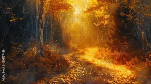 a golden-lit path blanketed with leaves, meandering through a picturesque forest landscape in a beautiful forest background