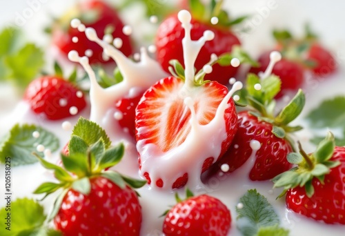 Appetizing strawberries with green leaves falling into milk with splashes