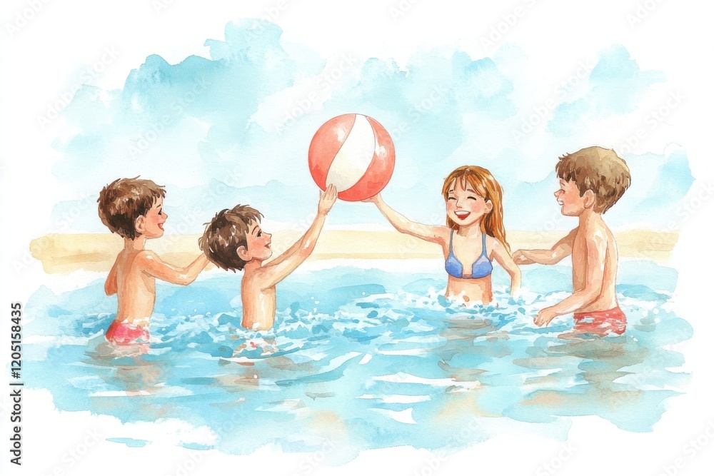 Children joyfully playing with a beach ball in a sunny swimming pool, capturing the essence of summer fun and friendship. Children joyfully playing with a beach ball in a sunny swimming pool, capturing the essence of summer fun and friendship.
