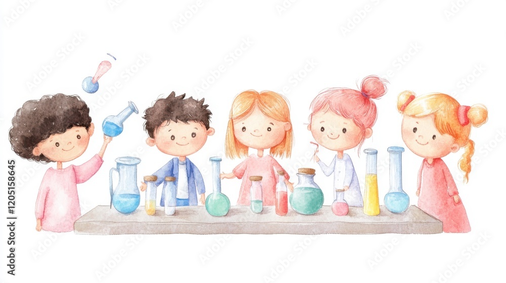 Five children engaged in fun scientific experiments, using colorful beakers and test tubes in a laboratory setting. Five children engaged in fun scientific experiments, using colorful beakers and test tubes in a laboratory setting.