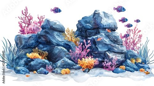 Fototapeta Naklejka Na Ścianę i Meble -  Watercolor Painting of Vibrant Coral Reef Scene with Colorful Fish