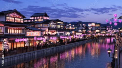 Illuminated Asian Canal Waterfront Night Scene