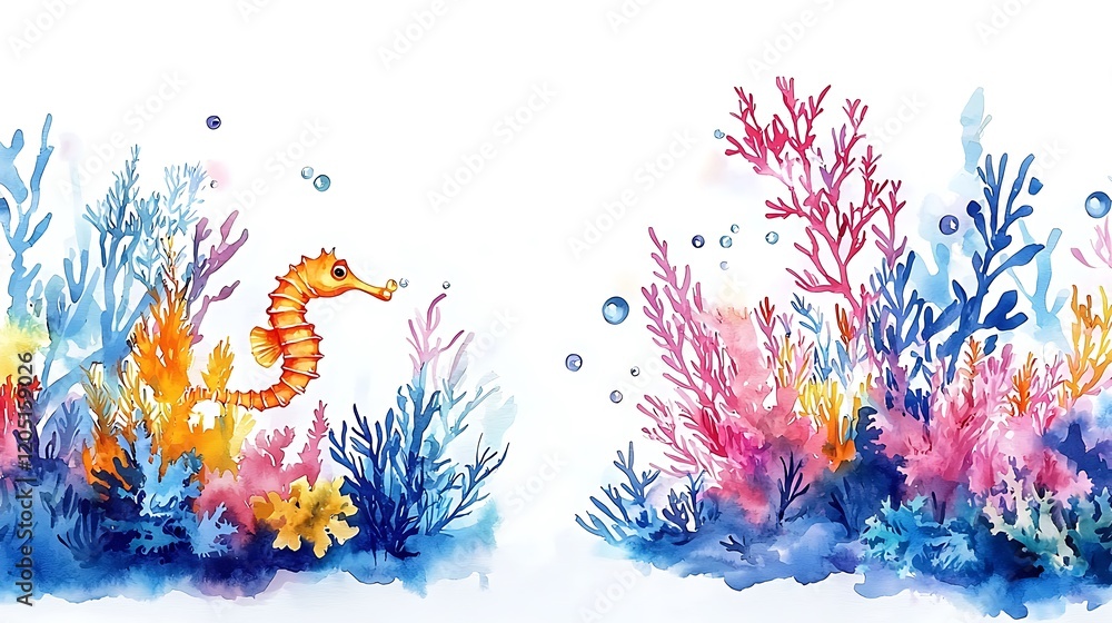 Fototapeta premium Watercolor Seahorse in Vibrant Coral Reef.