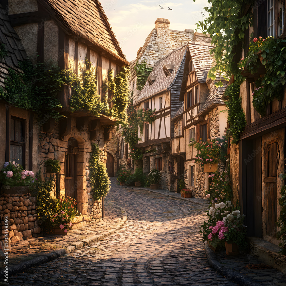 Fototapeta premium Cobblestone Lane in a Quaint Village: A charming cobblestone lane winds through a picturesque village, lined with quaint, half-timbered houses adorned with climbing vines and blooming flowers.