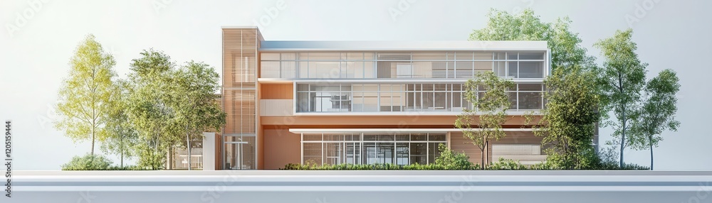 A modern, minimalist building design featuring large glass windows and surrounded by greenery, showcasing contemporary architecture. A modern, minimalist building design featuring large glass windows and surrounded by greenery, showcasing contemporary architecture.