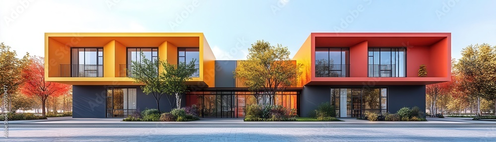 A modern architectural design featuring two vibrant buildings in orange and red, surrounded by greenery and clear skies. A modern architectural design featuring two vibrant buildings in orange and red, surrounded by greenery and clear skies.