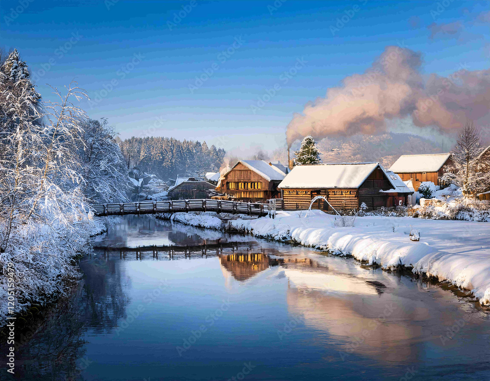 Fototapeta premium A picturesque village nestled along a riverbank, blanketed in a pristine layer of snow. Wooden houses with snow-laden roofs line the river, their reflections shimmering in the icy water.