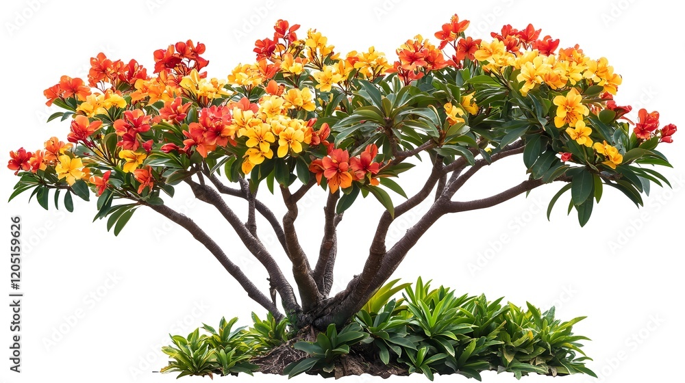 Ornamental tree with vibrant orange and yellow blossoms Ornamental tree with vibrant orange and yellow blossoms