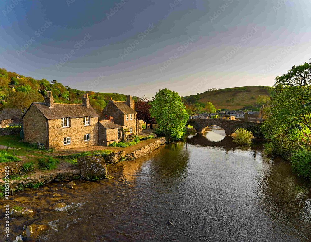 Fototapeta premium A river with a bridge in a European countryside setting, with mountains in the background.
