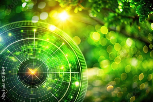 Abstract ecological surveillance: green bokeh radar scans the environment.